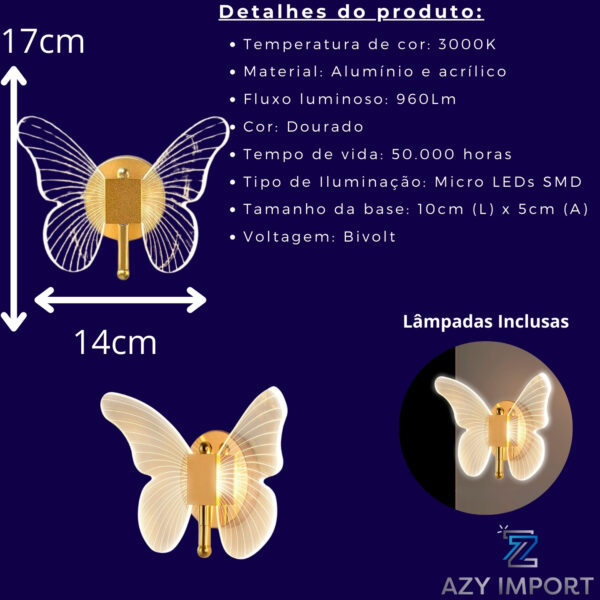 Arandela Borboleta Led 3000k Dourada Decorativa De Parede - Imagem 3