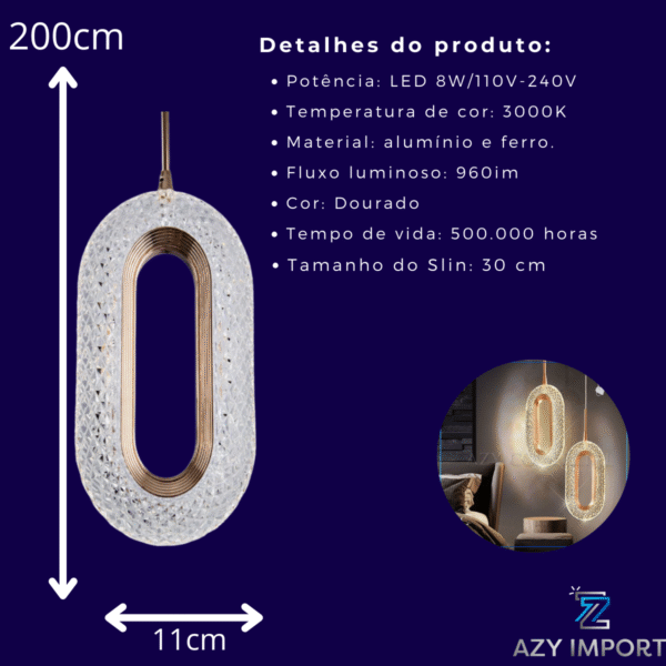 Luminaria Pendente Oval Acrilico Nordic Dourado Moderno - Imagem 3