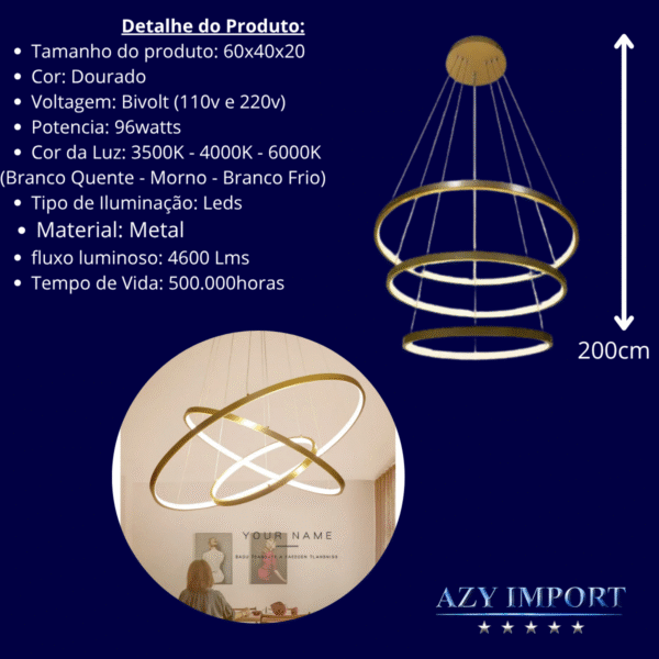 Lustre Redondo 3 Arcos Dourado 3in1 Moderno Bivolt 96watts - Imagem 4