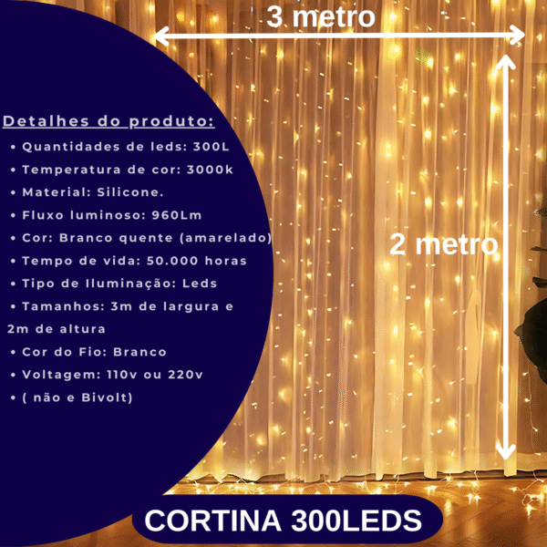 Cortina De Leds Luz 3mx2m Branco Quente - Branco Frio 110v ou 220v - Imagem 8