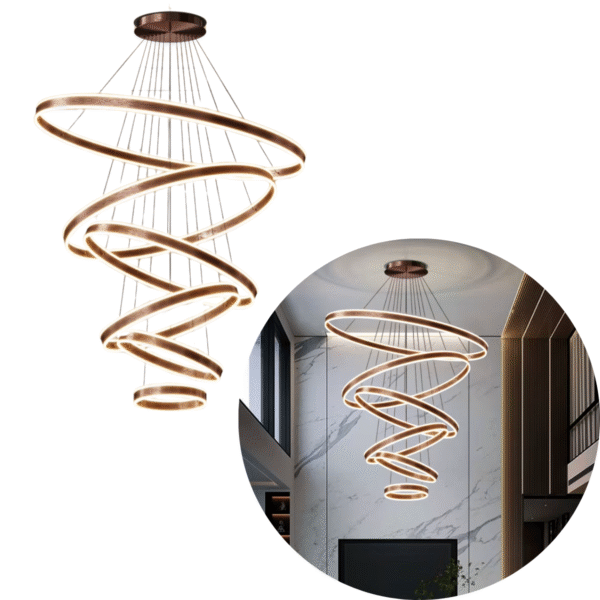 Lustre Pendente Led Rustico 5 Aros Pé Direito Duplo Cobre