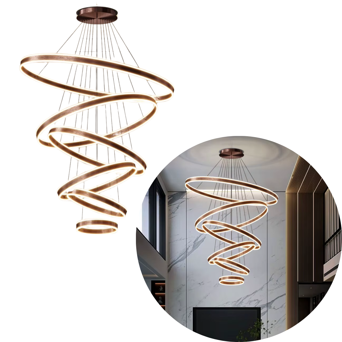 Lustre Pendente Led Rustico 5 Aros Pé Direito Duplo Cobre