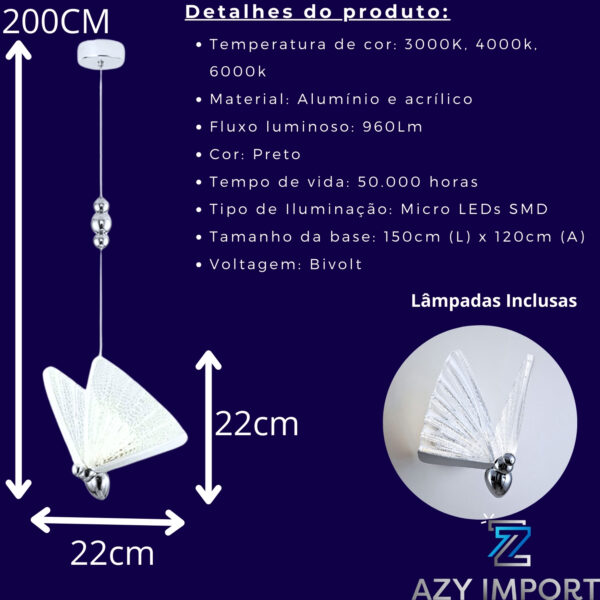 Luminaria Led Pendente Borboleta 22cm Prata Grande - Imagem 3