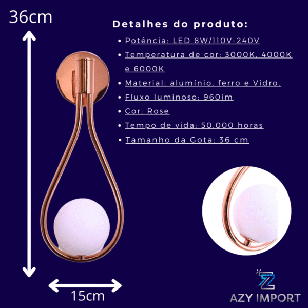Arandela Gota Moderna Metal Iluminação Base Rose Jabuticaba - Imagem 3