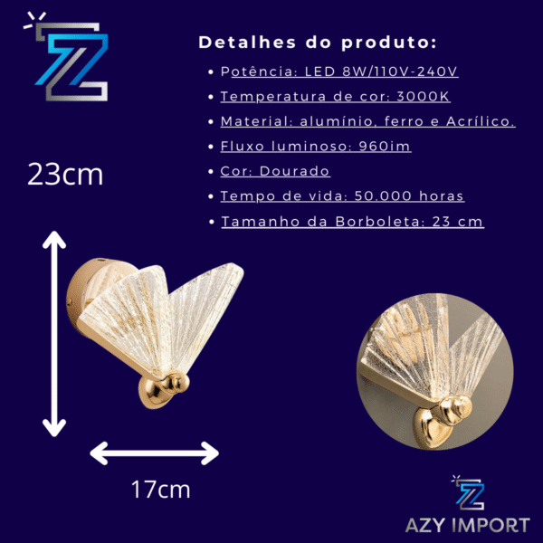 Arandela Led Borboleta Dourada G 23cm Decorativa Moderna - Imagem 3