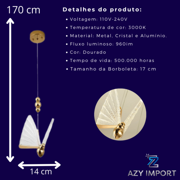 Luminaria Led Pendente Borboleta De 17cm Cor Dourado - Imagem 4