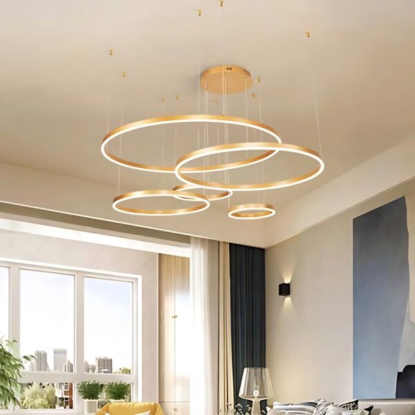Lustre Pendente Anéis Led 5 Arco Ouro Rustico Nordecor - Imagem 5
