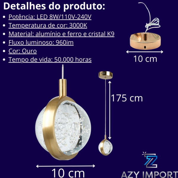 Luminaria Pendente Led Saturno Cor Rose Gold - Cristal - Imagem 4