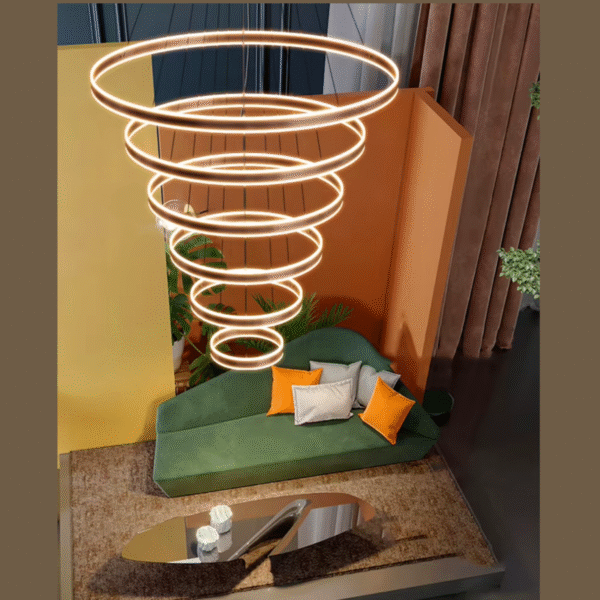Lustre Pendente Led Rustico 5 Aros Pé Direito Duplo Cobre - Imagem 3