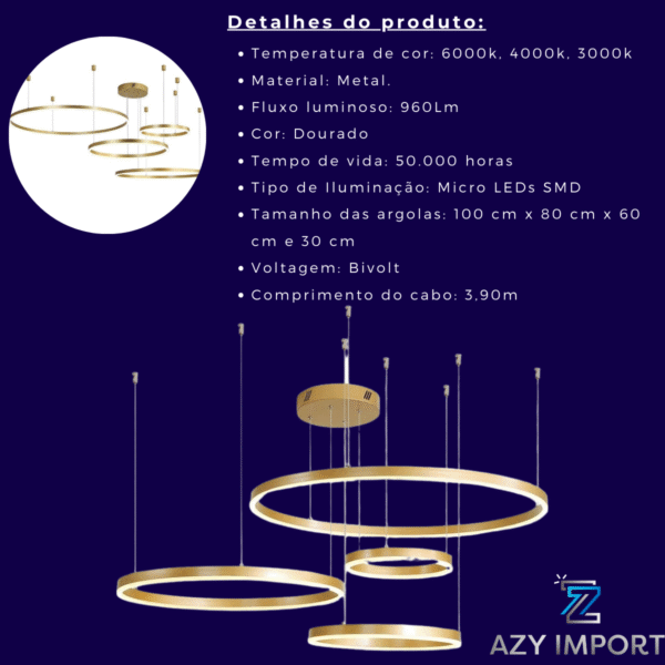 Lustre Pendente Anéis Led 4 Arco Ouro Rustico Nordecor - Imagem 4