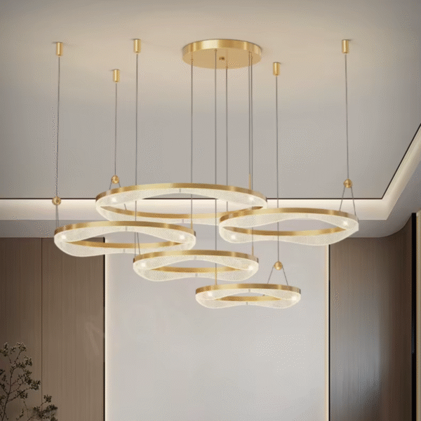 Lustre Pendente Arco Ouro 4 Anéis Led Moderno Nordecor