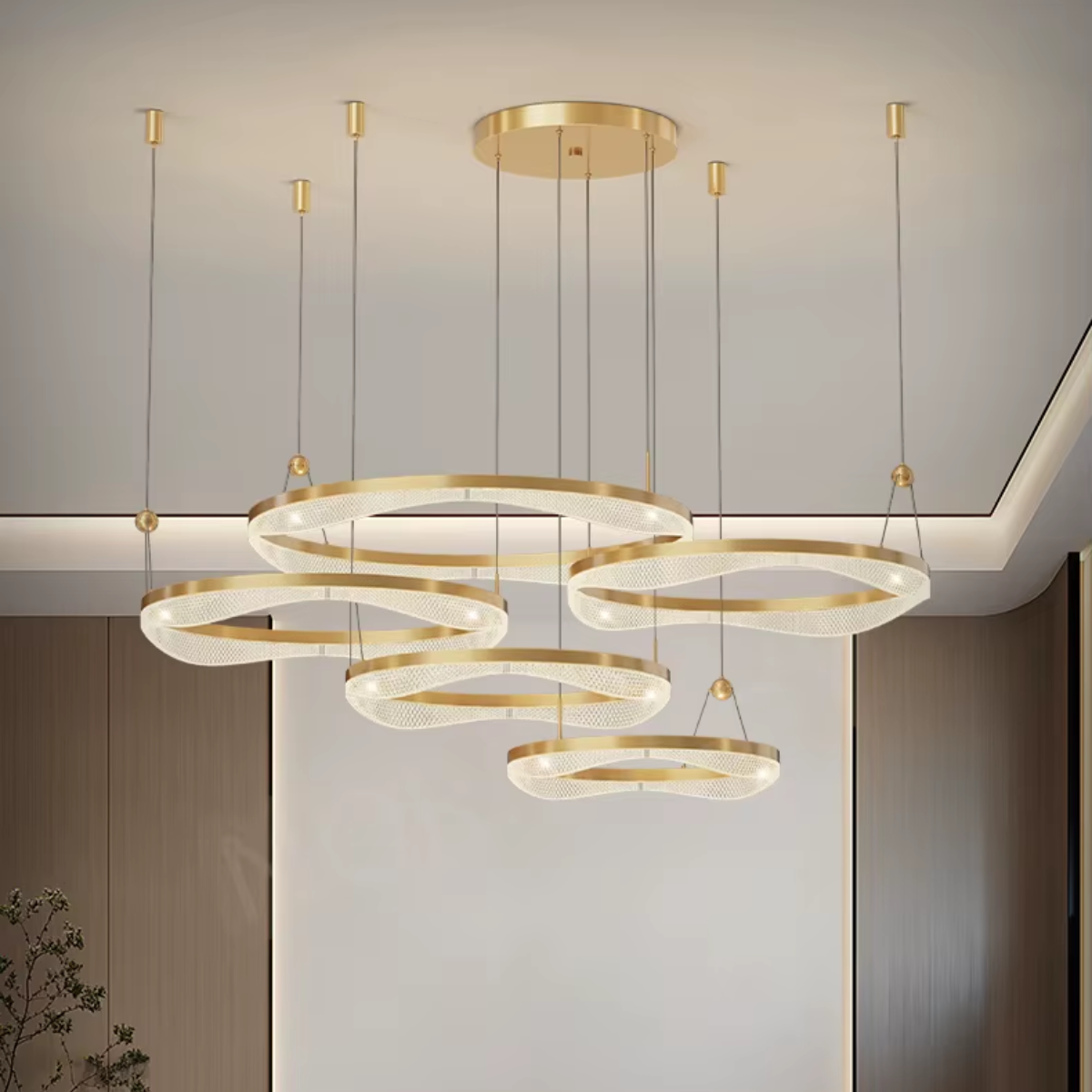 Lustre Pendente Arco Ouro 4 Anéis Led Moderno Nordecor