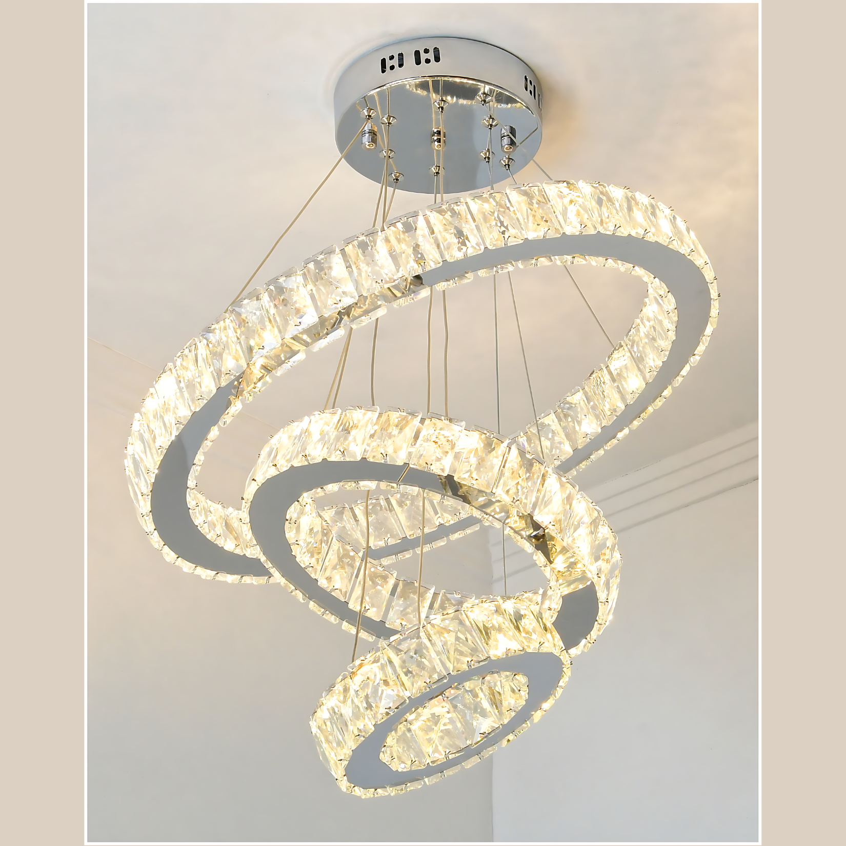 Lustre Cristal Legitimo Led 3 Aros 60x40x20+controle Sem Fio
