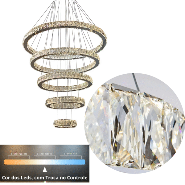 Lustre Cristal Aliança 5 Aros 3 Em 1 + Controle