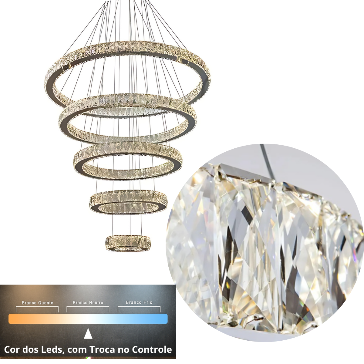 Lustre Cristal Aliança 5 Aros 3 Em 1 + Controle