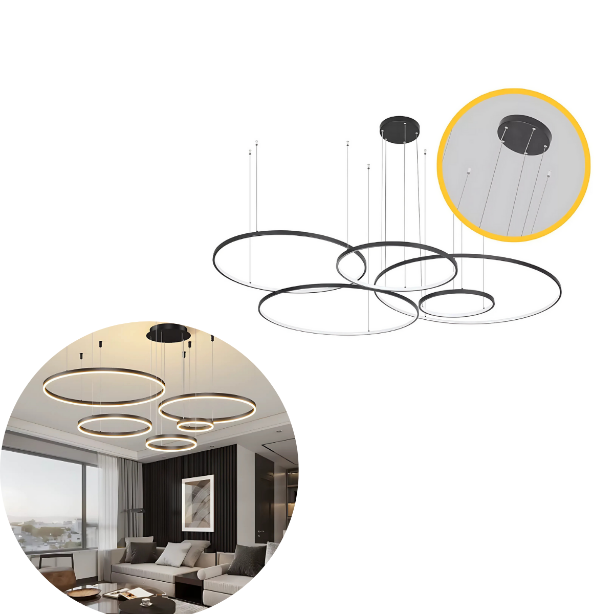 Lustre Pendente Anéis Led 5 Arco Preto Rustico Nordecor