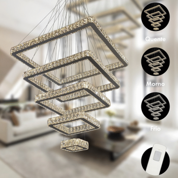 Lustre Cristal Quadrado 100x80x60x40x20 Bivolt 5 Aros - Imagem 3