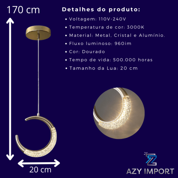 Luminaria Led Pendente Lua Crescente Minguante Cor Dourado - Imagem 4