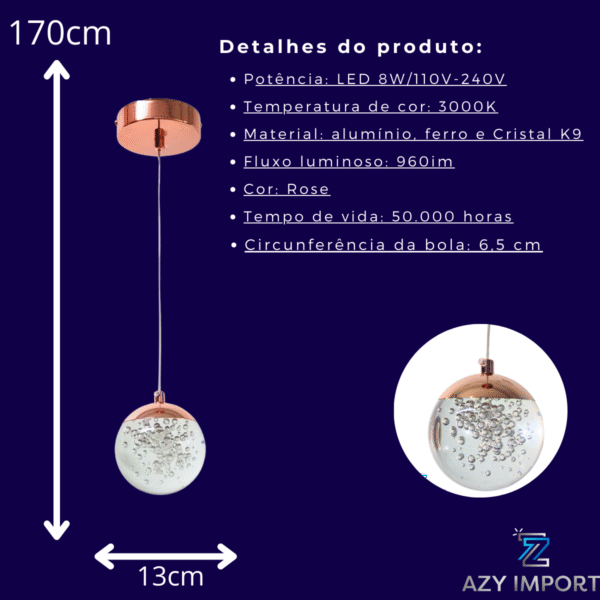 Luminaria Pendente Led Lua Cheia Cor Rosé - Cristal - Imagem 3