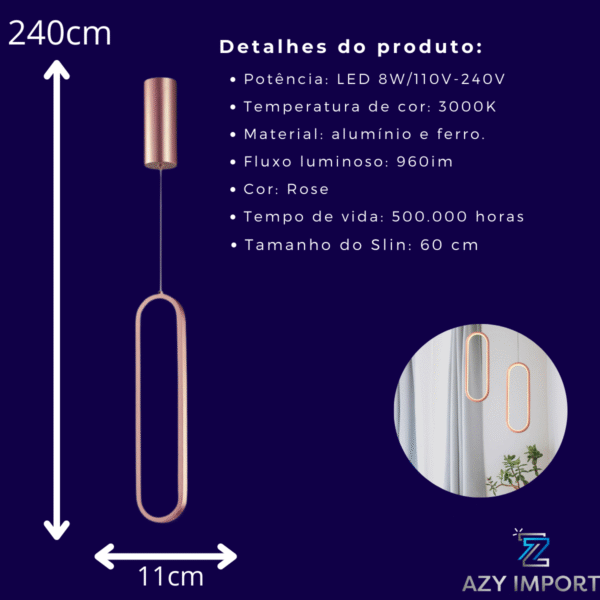 Luminaria Pendente Led Slim Oval Cor Rose - Imagem 2
