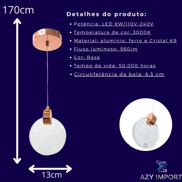 Pendente Lua De Cristal Vidro Com Bolhas - Rose - Imagem 3
