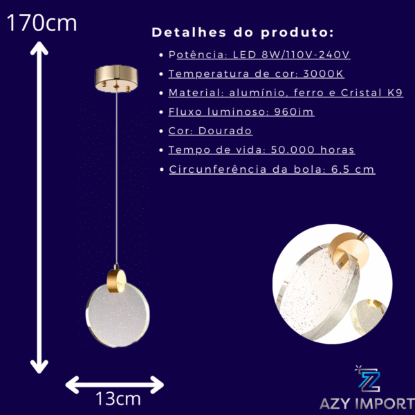 Pendente Lua De Cristal Vidro Com Bolhas - Dourado - Imagem 3