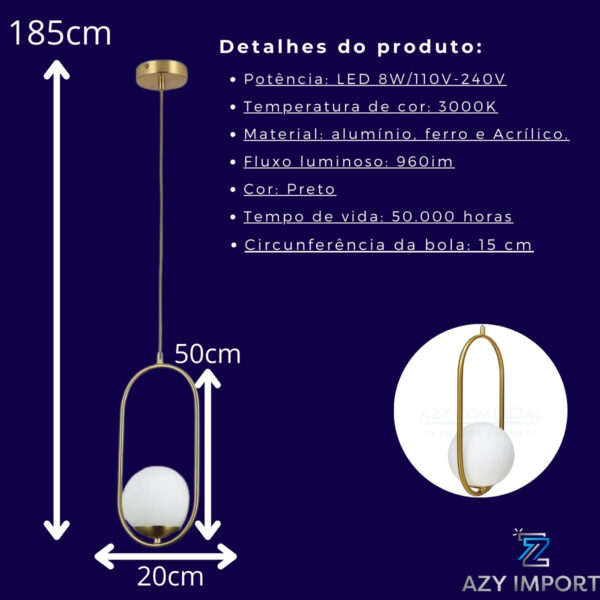 Luminaria Pendente Jabuticaba Oval Vidro Globo Dourado G9 - Imagem 3