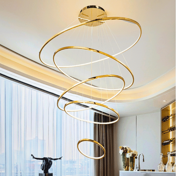 Lustre Moderno 5 Aros Maior 120 Ouro Luxo Cromado Inoxidavel - Imagem 2