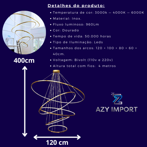 Lustre Moderno 5 Aros Maior 120 Ouro Luxo Cromado Inoxidavel - Imagem 4
