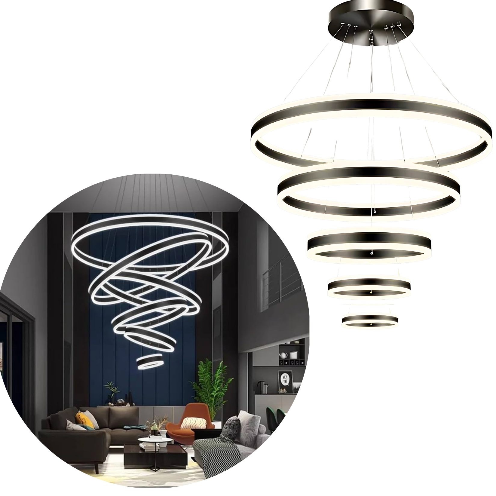 Lustre Moderno Led Rustico 5 Aros Pé Direito Duplo Preto