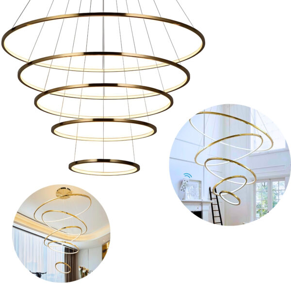 Lustre Moderno 5 Aros Maior 120 Ouro Luxo Cromado Inoxidavel - Imagem 5