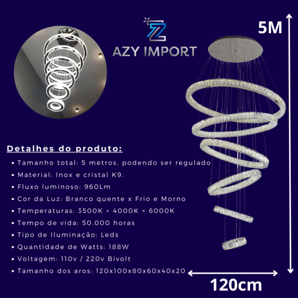 Lustre Cristal Aliança 6 Arcos 120x100x80x60x40x20 Bivolt - Imagem 3