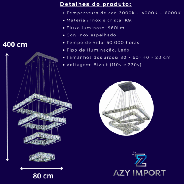Lustre Cristal Legitimo Quadrado 80x60x40x20 4 Aros Bivolt - Imagem 2
