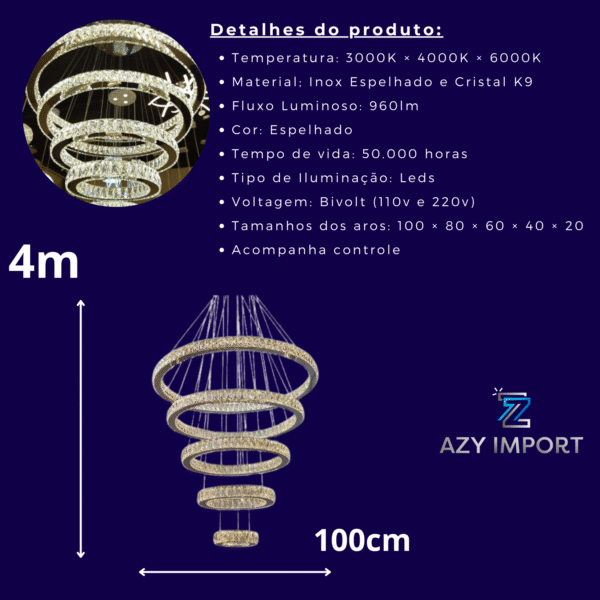 Lustre Cristal Aliança 5 Aros 3 Em 1 + Controle - Imagem 2