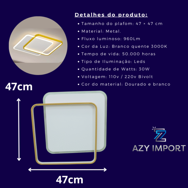 Luminaria Plafon Sobrepor Minimalista Quadrado 2aneis Dourad - Imagem 2