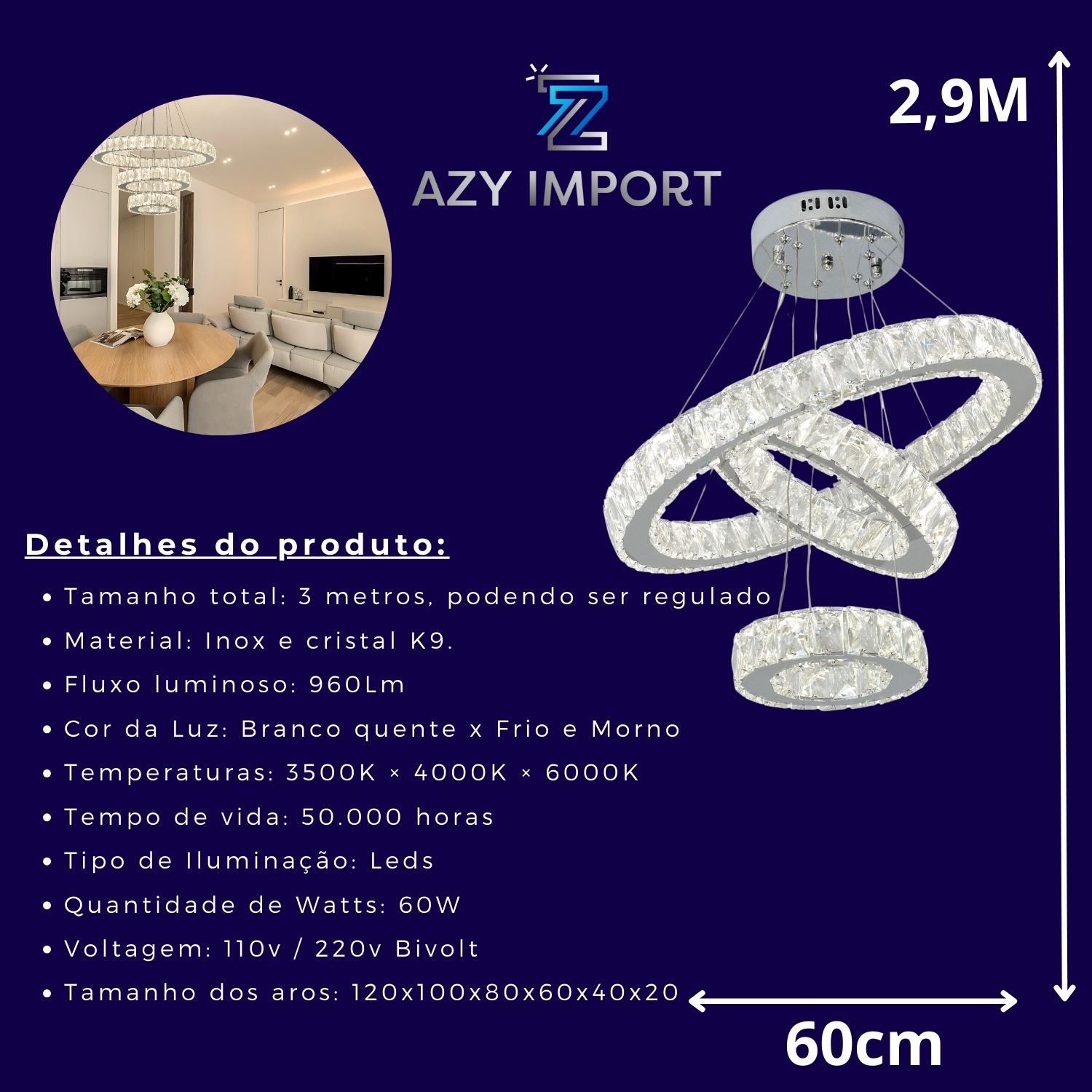 Lustre 3 Aros cristal pendente aliança de anéis 3 Em 1 + Controle - Imagem 3