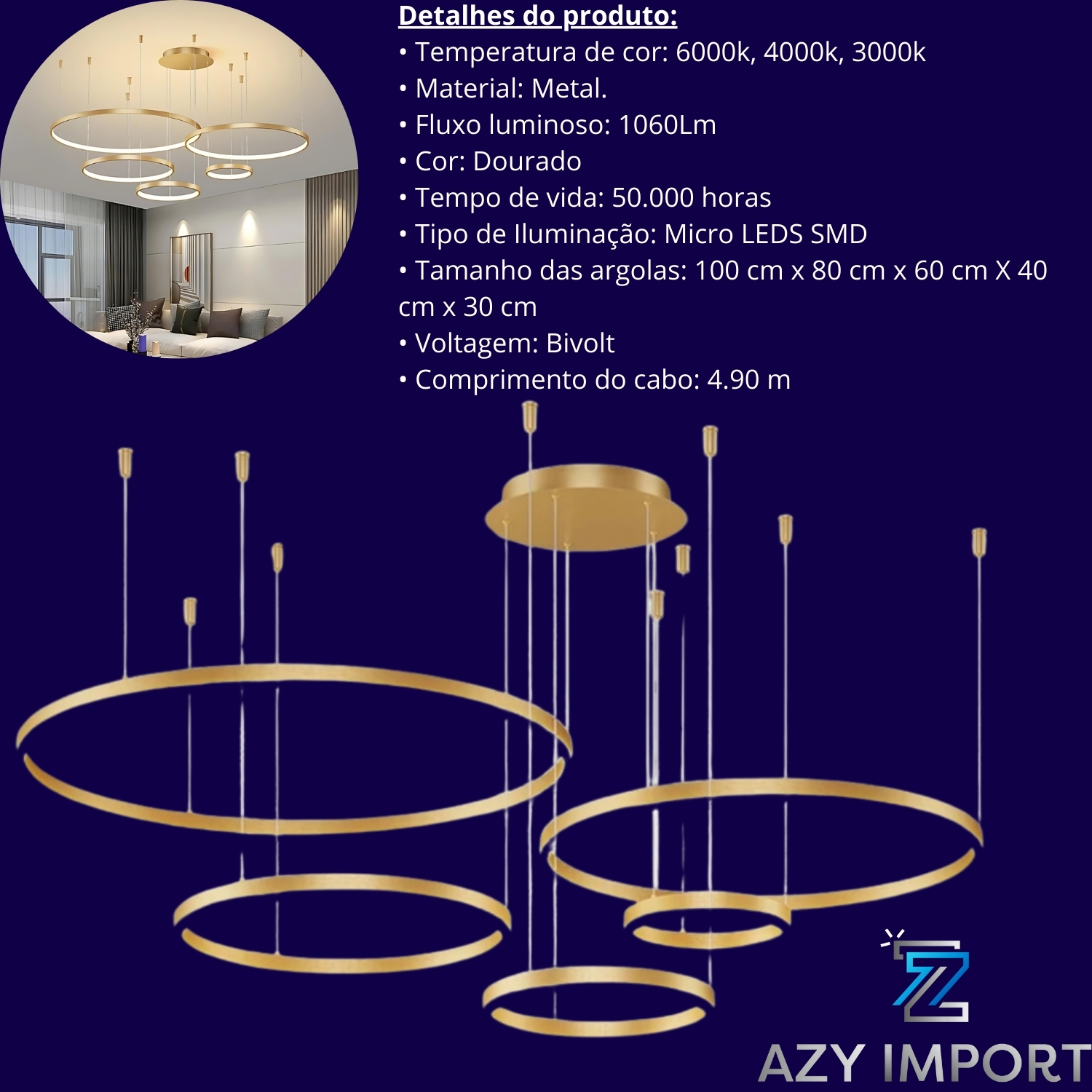 Lustre 5 Arco Ouro Rustico Nordecor Pendente Anéis Led - Imagem 3