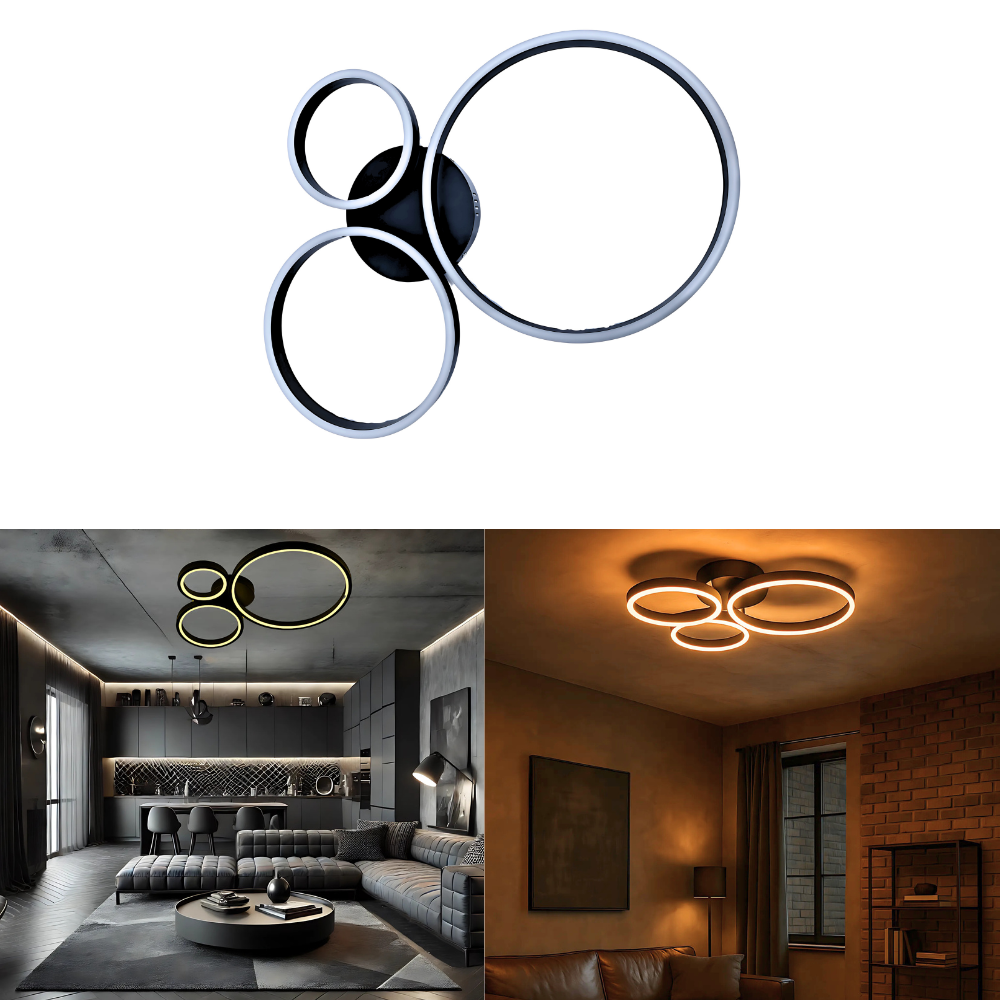 Luminária Plafon Teto Led Sobrepor 3 Anéis Redondo Preto