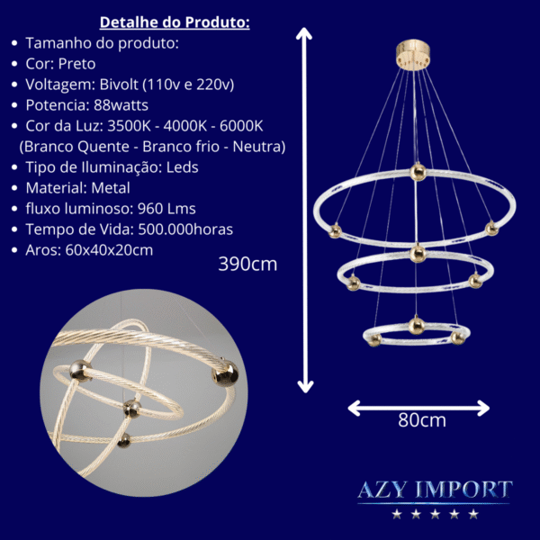 Lustre Aliança 3 Aneis 60x40x20 Galaxy Luxo Bivolt Decoração - Imagem 3