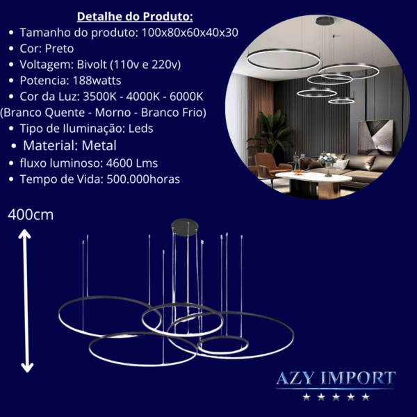 Lustre Pendente Anéis Led 5 Arco Preto Rustico Nordecor - Imagem 4