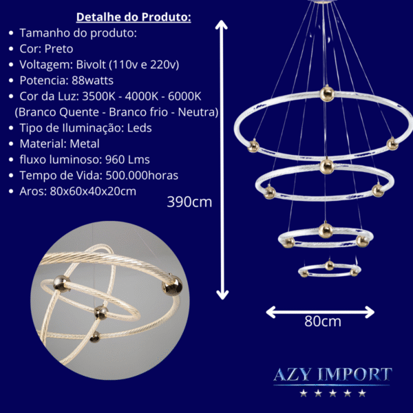 Lustre Aliança 4 Aneis 80x60x40x20 Galaxy Luxo Bivolt - Imagem 3