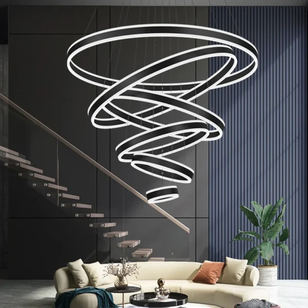 Lustre Moderno Led Rustico 5 Aros Pé Direito Duplo Preto - Imagem 2