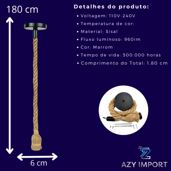 Pendente Corda 1,80metros Design Rustico Decorativo Luminaria - Imagem 4