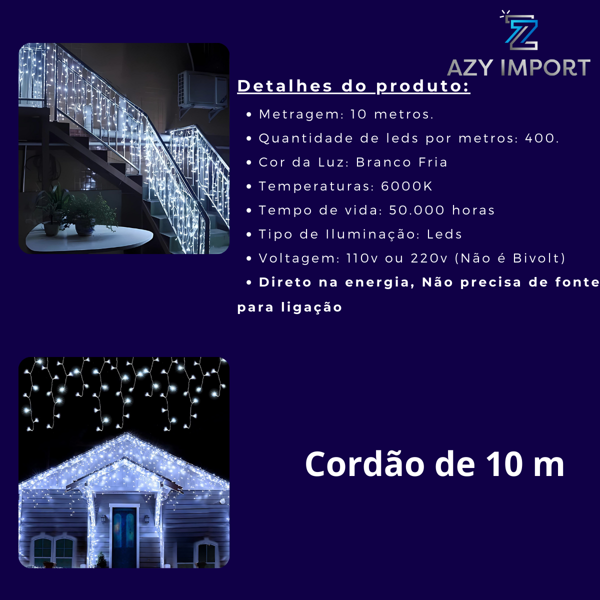 Cascata Natal Pisca 400Leds Fixo C/emenda Macho/Femea - Imagem 8