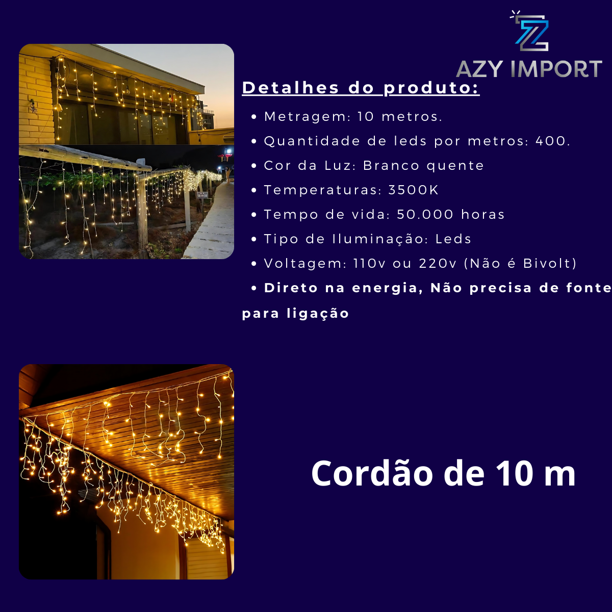 Cascata Natal Pisca 400Leds Fixo C/emenda Macho/Femea - Imagem 7