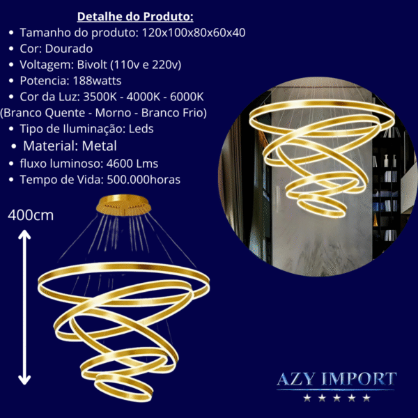 Lustre Pendente Led Rustico 5 Aros Pé Direito Duplo Dourado Escovado - Imagem 2