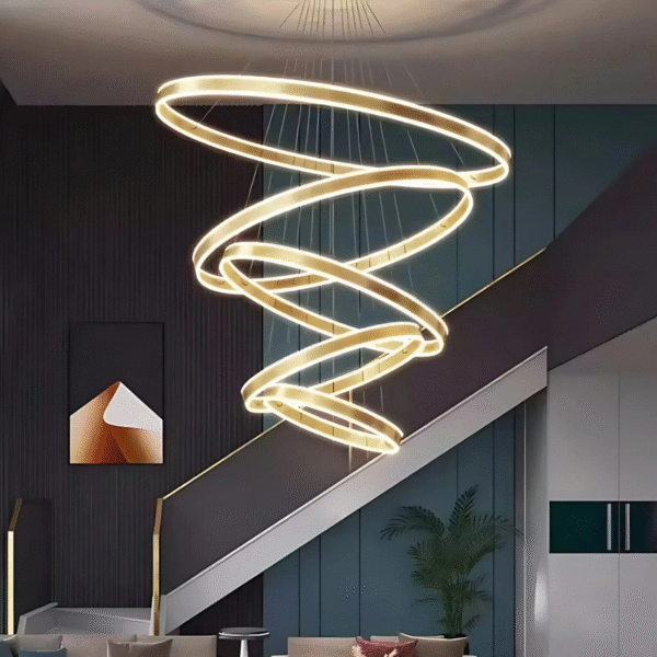 Lustre Pendente Led Rustico 5 Aros Pé Direito Duplo Dourado Escovado - Imagem 9