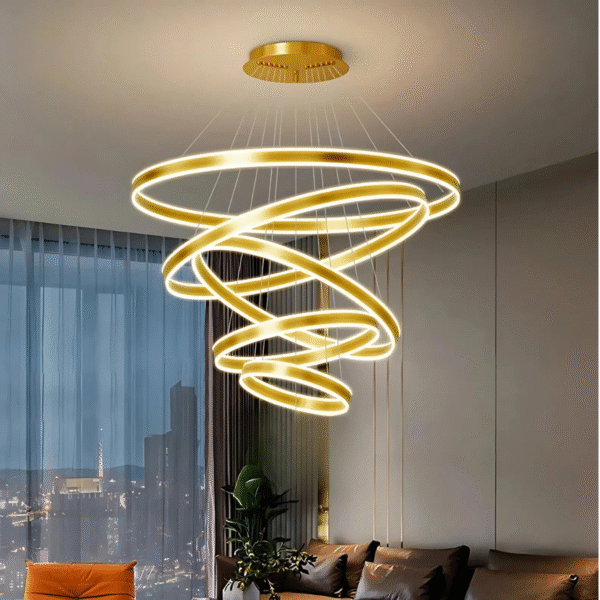 Lustre Pendente Led Rustico 5 Aros Pé Direito Duplo Dourado Escovado - Imagem 8