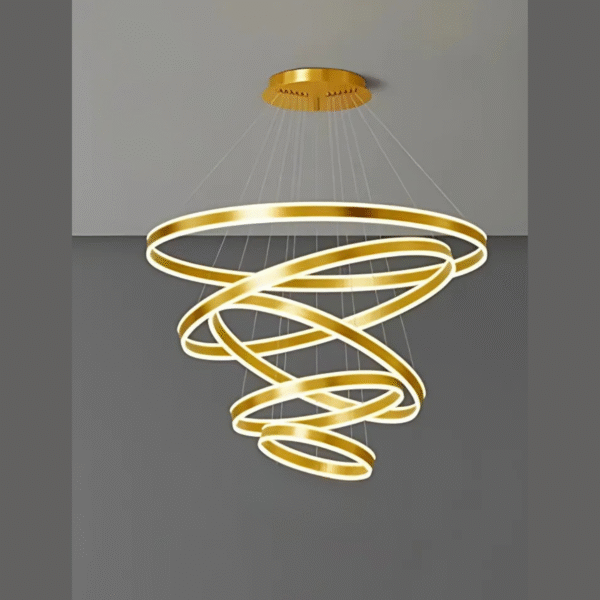 Lustre Pendente Led Rustico 5 Aros Pé Direito Duplo Dourado Escovado - Imagem 6