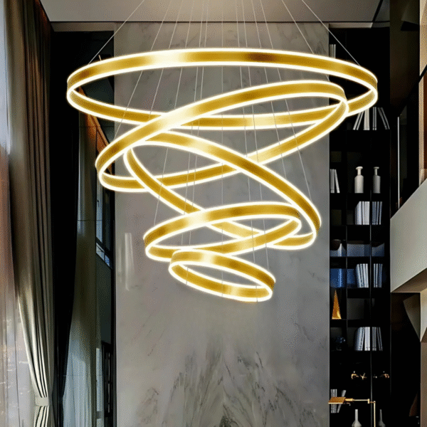 Lustre Pendente Led Rustico 5 Aros Pé Direito Duplo Dourado Escovado - Imagem 3